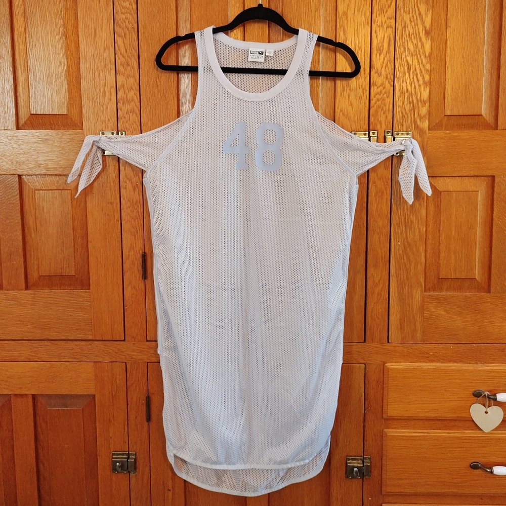 Puma blue Extreme Mesh Frill cold shoulder sheer dress cover up
